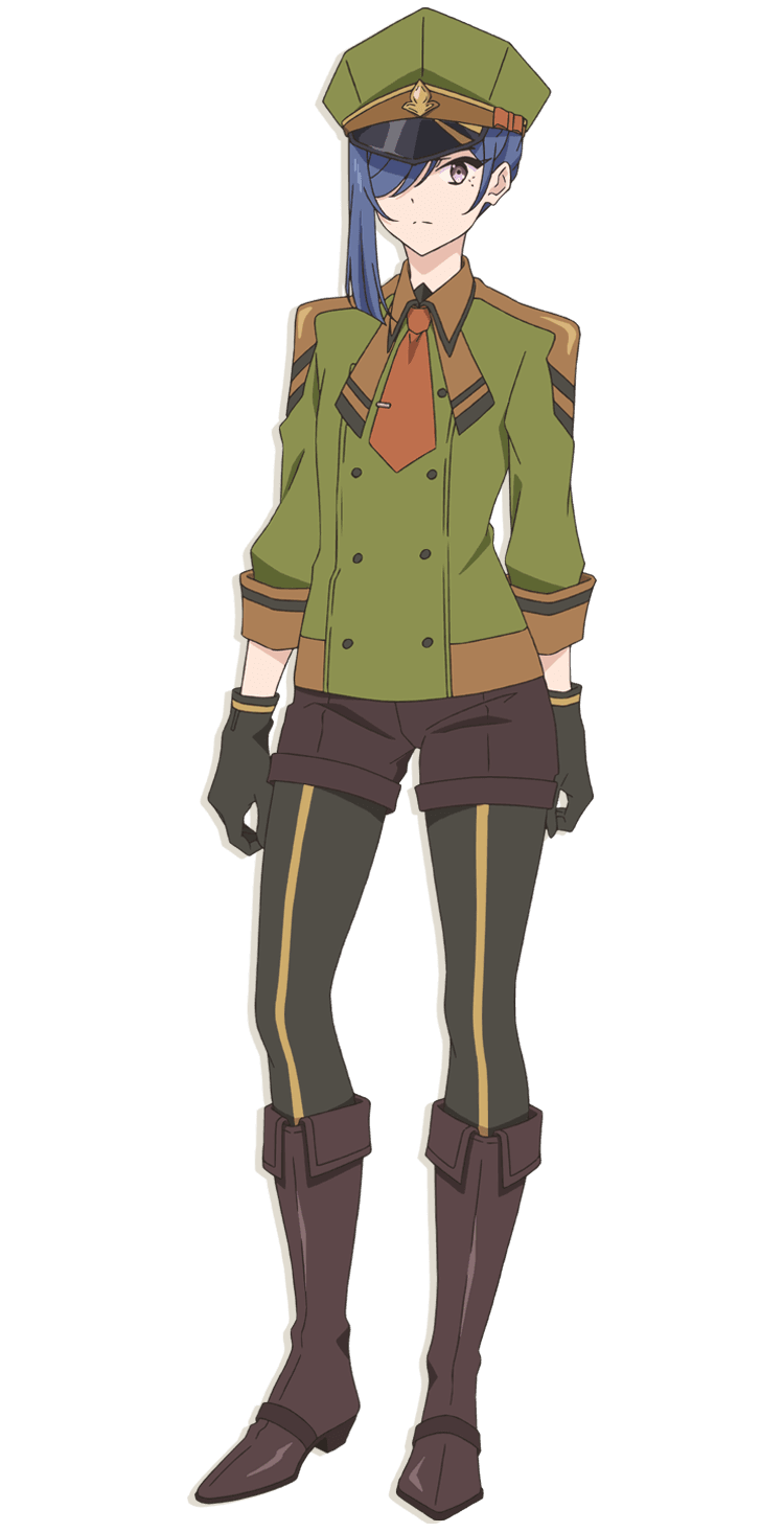 tensai ouji no akaji kokka saiseijutsu, highres, official art, 1girl, anime coloring, black gloves, black pantyhose, blue hair, boots, brown boots, brown eyes, brown shorts, closed mouth, collared jacket, full body, gloves, green hat, green jacket, hair over one eye, hat, jacket, long bangs, long sleeves, looking at viewer, necktie, orange necktie, ouchi ryuunosuke, pantyhose, shorts, simple background, single sidelock, solo, standing, transparent background, zeno (tensai ouji no akaji kokka saiseijutsu)