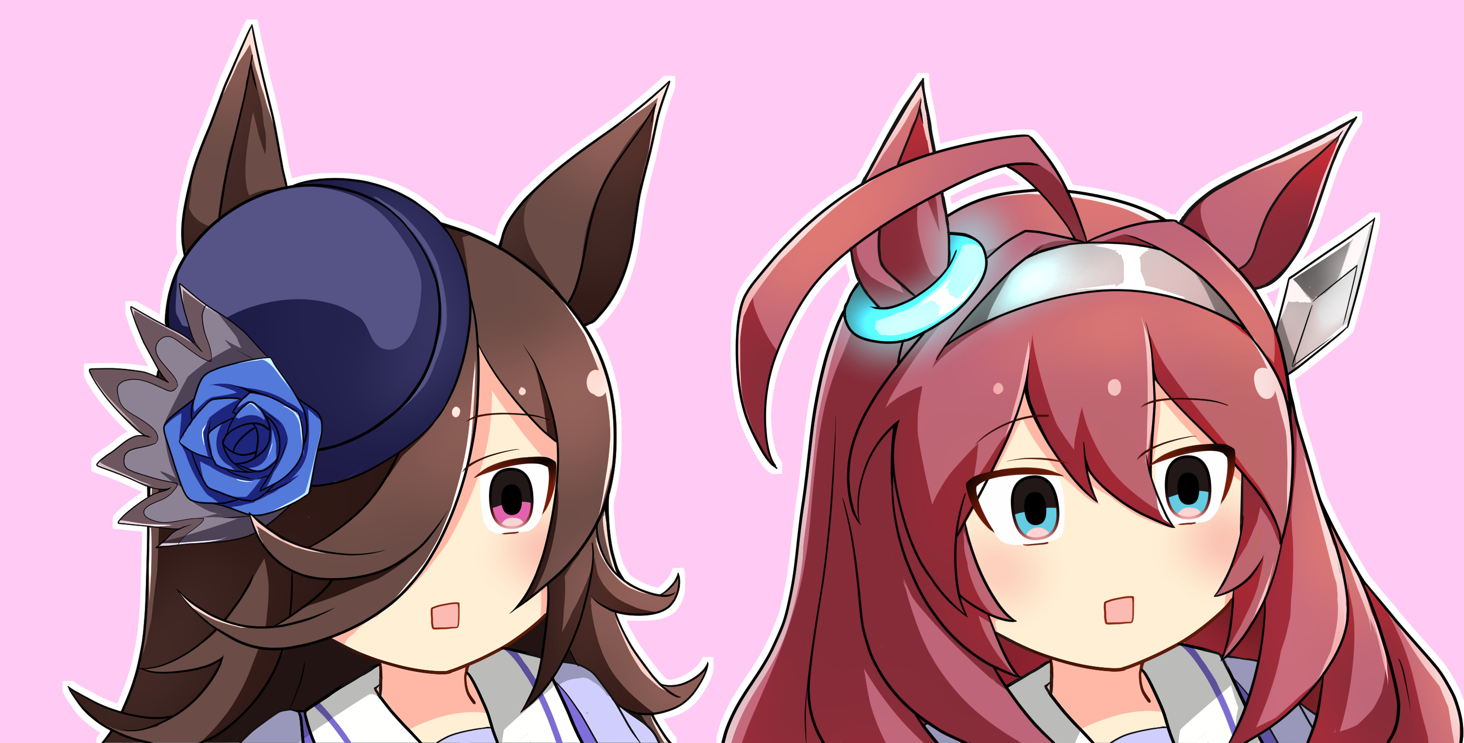 meso (zgmf-xv), mihono bourbon (umamusume), rice shower (umamusume), umamusume, commentary, highres, 2girls, ahoge, animal ears, asymmetrical bangs, bowler hat, brown hair, flipped hair, gomennasai nanoda (meme), hat, horse ears, horse girl, long hair, meme, multiple girls, pink background, school uniform, simple background, tracen school uniform