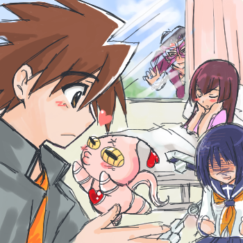 angel gozen (character), hayasaka ouka, mutou kazuki, papillon, tsumura tokiko, busou renkin, lowres, tagme, 00s, 1other, 2boys, 2girls, bed, black hair, blue hair, blush, brown eyes, brown hair, chono koshaku, closed eyes, creature, floating, heart, indoors, multiple boys, multiple girls, peeking, puckered lips, scar, window