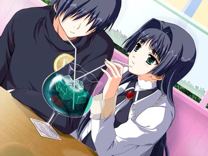 kanno touko, kunimi ema, doko e iku no ano hi, game cg, non-web source, official art, 1boy, 1girl, black hair, cafe, dress, drinking, drinking straw, food, fruit, green eyes, juice, lemon, long hair