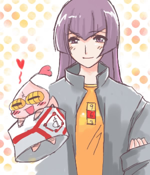 angel gozen (character), hayasaka ouka, busou renkin, lowres, tagme, 00s, 1girl, 1other, blush, creature, floating, happy, heart, long sleeves, purple eyes, purple hair, sleeves past wrists, smile, upper body