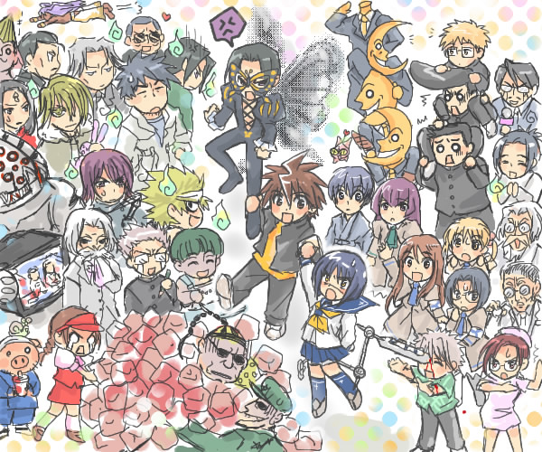angel gozen (character), hayasaka ouka, hayasaka shusui, mutou kazuki, mutou mahiro, tsumura tokiko, busou renkin, character request, tagme, 00s, 1other, 6+boys, 6+girls, ^ ^, blonde hair, blood, blue hair, blush, braid, brown eyes, brown hair, closed eyes, creature, crying, facial hair, floating, gakuran, glasses, green hair, green shirt, grey hair, hat, hitodama, microphone, miniskirt, multiple boys, multiple girls, mustache, nurse, nurse cap, o o, opaque glasses, pig, purple hair, red skirt, scar, scar on face, scar on nose, school uniform, serafuku, shirt, skirt, spiked hair, streaming tears, sweatdrop, tears, television, twin braids, visor cap, waitress, waitress uniform, yellow eyes
