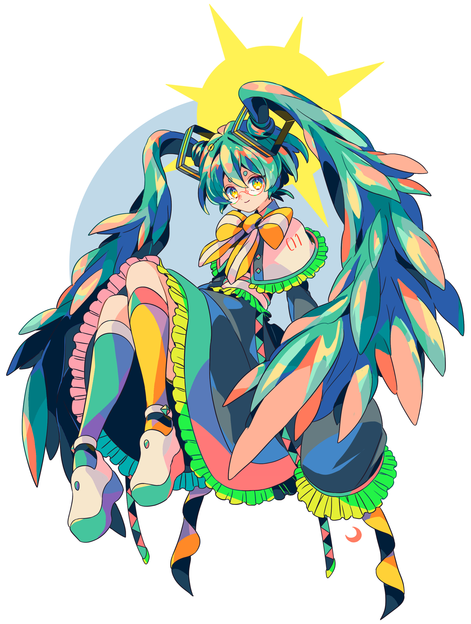 mizuki tsukimori, hatsune miku, vocaloid, highres, 1girl, bow, capelet, floating, frilled capelet, frilled skirt, frills, full body, glasses, long hair, mismatched socks, orange eyes, red-framed eyewear, shoes, simple background, skirt, sleeves past wrists, smile, solo, striped bow, thick eyebrows, twintails, very long hair, white background, white capelet, white shoes
