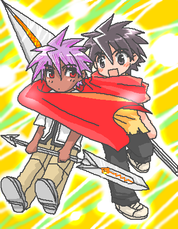 mutou kazuki, busou renkin, lowres, 00s, brown eyes, brown hair, purple hair, red eyes, sunlight heart
