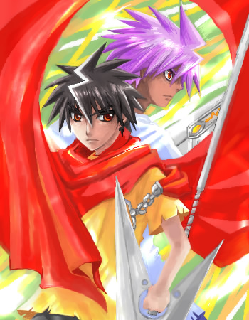 mutou kazuki, busou renkin, lowres, 00s, brown hair, purple hair, red eyes, sunlight heart