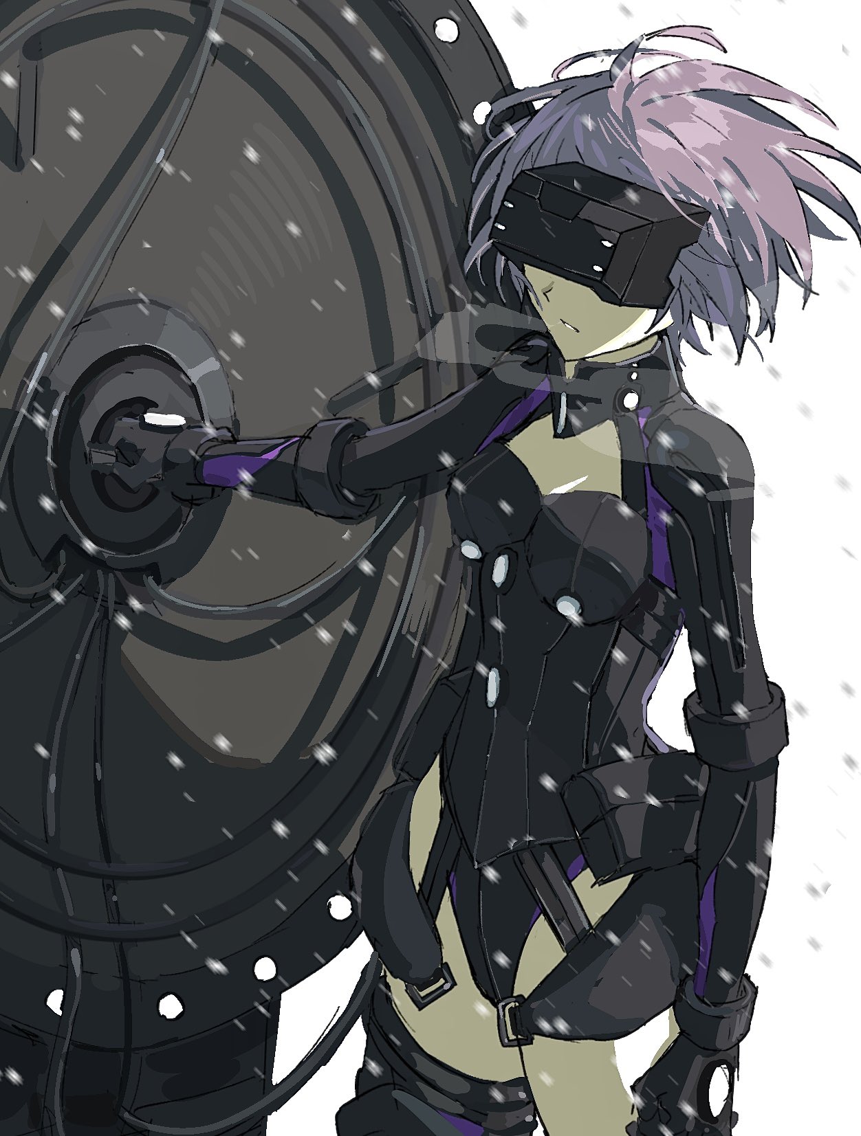mash kyrielight, mash kyrielight (ortenaus), fate/grand order, fate (series), highres, 1girl, arm at side, armor, armored leotard, black armor, black gloves, black leotard, black thighhighs, breath, cleavage cutout, clothing cutout, cowboy shot, fgolz7l, gloves, head-mounted display, holding, holding shield, leotard, long sleeves, mold camelot, outdoors, parted lips, purple hair, shield, short hair, simple background, snowing, solo, standing, thighhighs, white background, wind