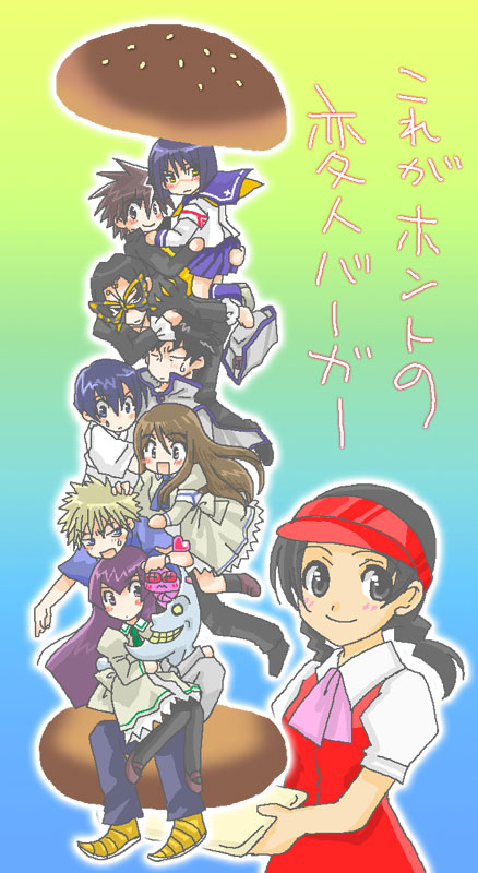 angel gozen (character), captain bravo, hayasaka ouka, hayasaka shusui, moon face, mutou kazuki, mutou mahiro, nakamura gouta, papillon, tsumura tokiko, busou renkin, multicolored background, translation request, 00s, 1other, 4girls, 6+boys, black hair, blonde hair, blue eyes, blue hair, blush, braid, brown hair, chono koshaku, creature, creature on shoulder, employee uniform, gradient background, looking at viewer, multiple boys, multiple girls, on shoulder, outline, purple hair, scar, school uniform, serafuku, simple background, sitting, sitting on lap, sitting on person, smile, sweatdrop, tray, twin braids, visor cap, white outline, yellow eyes