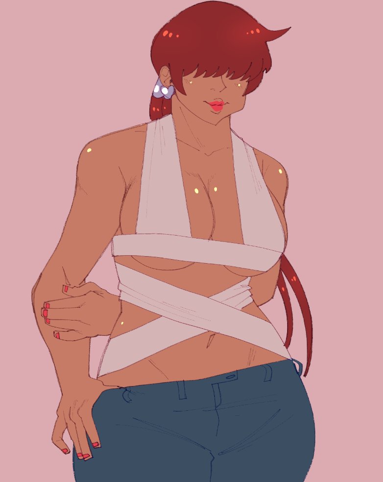 1shermieaday, shermie (kof), the king of fighters, 1girl, breasts, curvy, dark-skinned female, dark skin, denim, earrings, fishnets, heart, huge breasts, jewelry, large breasts, long hair, ponytail, red hair, smile, standing, tan, thick thighs, thighs, tight clothes, twintails, underboob, wide hips