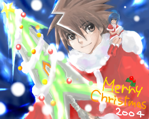 mutou kazuki, tsumura tokiko, busou renkin, lowres, 00s, blue hair, brown eyes, brown hair, christmas, scar, sunlight heart