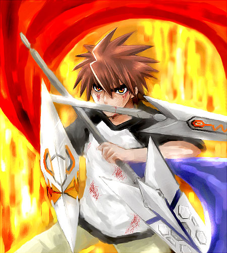 mutou kazuki, busou renkin, lowres, 00s, brown hair, red eyes, sunlight heart