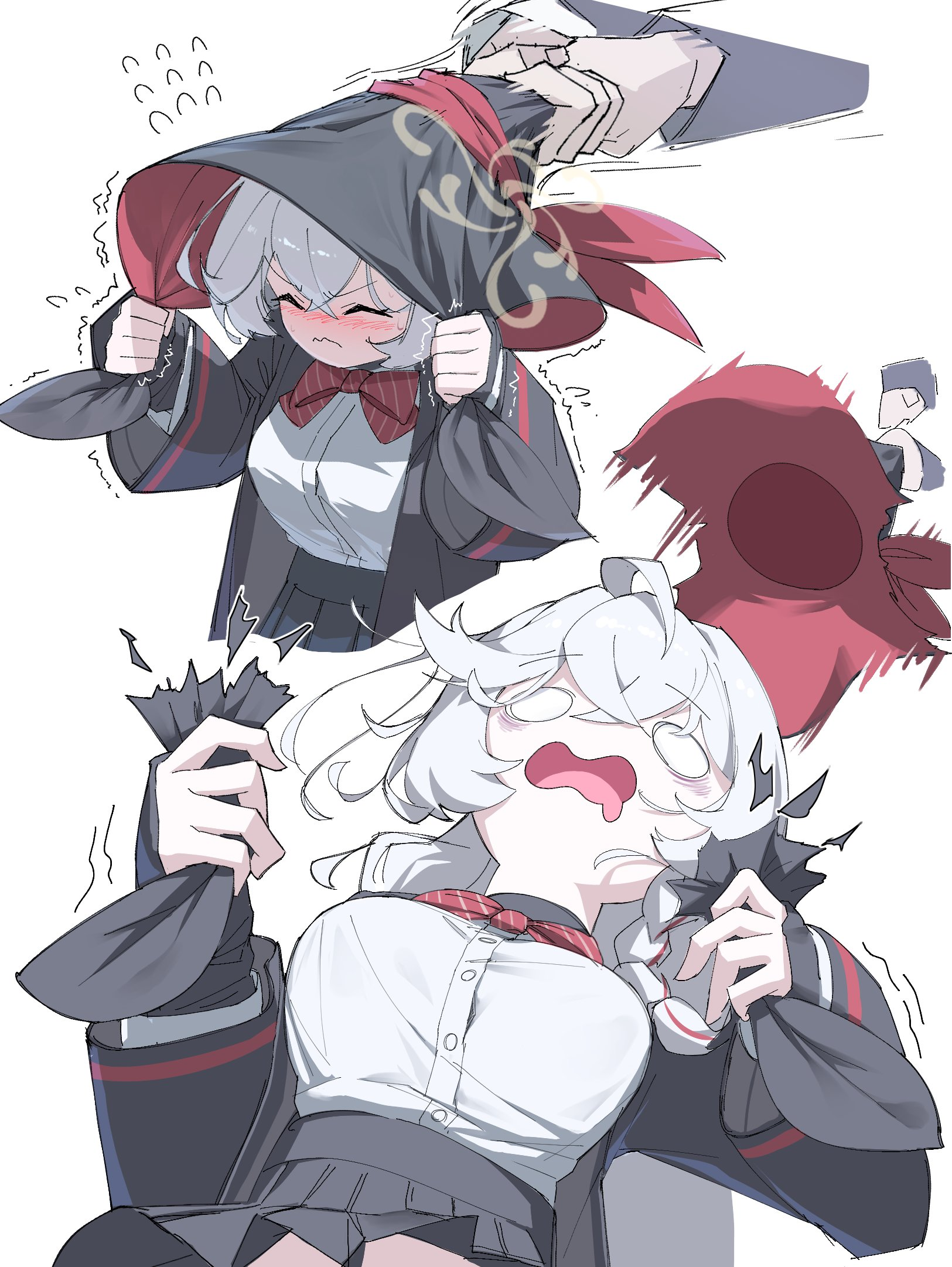 eri (blue archive), blue archive, blank eyes, bow, bowtie, braid, clothes pull, halo, hat, jacket, long coat, long hair, orange eyes, pippen ase, shirt, sweater, torn clothes, underwear, unworn hat, unworn headwear, white hair, witch hat