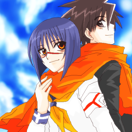mutou kazuki, tsumura tokiko, busou renkin, 00s, blue hair, brown eyes, brown hair, scar, school uniform, serafuku, yellow eyes