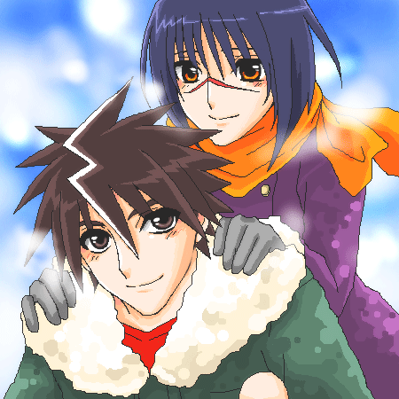 mutou kazuki, tsumura tokiko, busou renkin, lowres, 00s, blue hair, brown eyes, brown hair, scar, yellow eyes