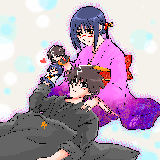 mutou kazuki, tsumura tokiko, busou renkin, 00s, blue hair, brown eyes, brown hair, japanese clothes, kimono, scar, yellow eyes