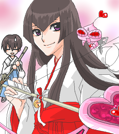 angel gozen (character), hayasaka ouka, hayasaka shusui, busou renkin, aliasing, lowres, tagme, 00s, 1boy, 1girl, 1other, angel gozen (weapon), arrow (projectile), bell, black hair, blue hakama, bow (weapon), broom, chibi, chibi inset, creature, creature on shoulder, hakama, hakama skirt, japanese clothes, jingle bell, long hair, looking at viewer, on shoulder, purple eyes, red hakama, siblings, skirt, smile, sweatdrop, twins, weapon