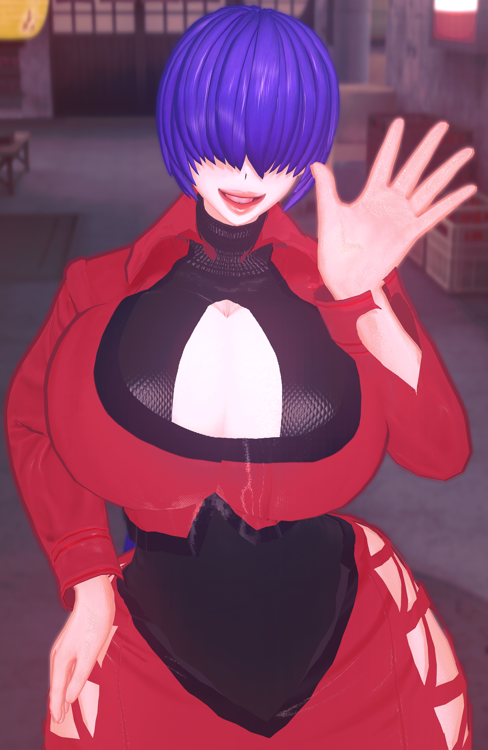 orochi shermie, shermie (kof), the king of fighters, 1girl, breasts, cleavage, cleavage cutout, clothing cutout, curvy, fishnets, hand up, huge breasts, kiminodonuts, large breasts, long hair, looking at viewer, pale skin, ponytail, purple hair, smile, smiley face, standing, thick thighs, thighs, twintails, wide hips