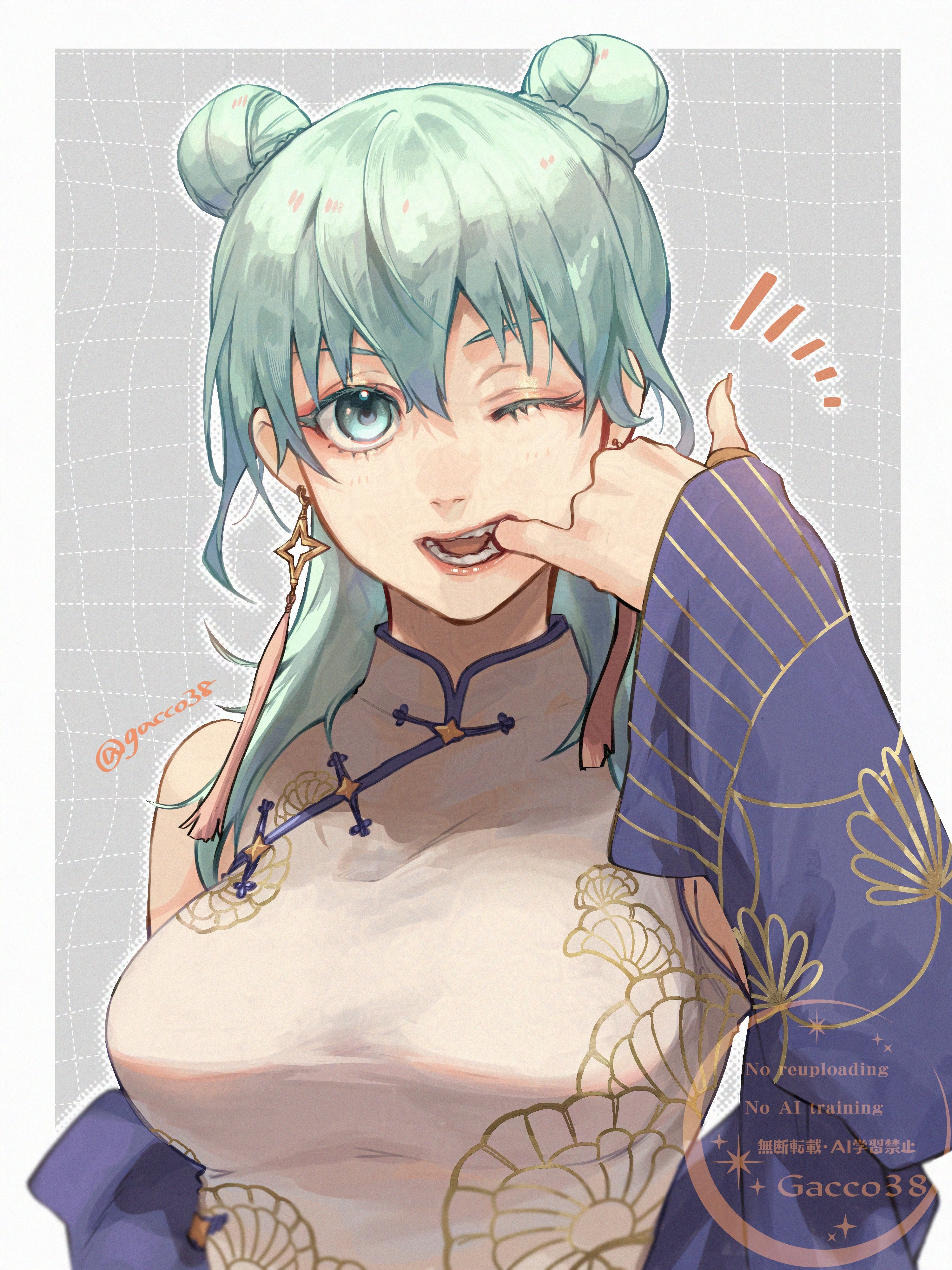 gakko (gacco38), female byleth (fire emblem), fire emblem, fire emblem: three houses, nintendo, absurdres, highres, 1girl, alternate costume, alternate hairstyle, bare shoulders, breasts, chinese clothes, earrings, green eyes, green hair, jewelry, large breasts, open mouth, solo, upper body
