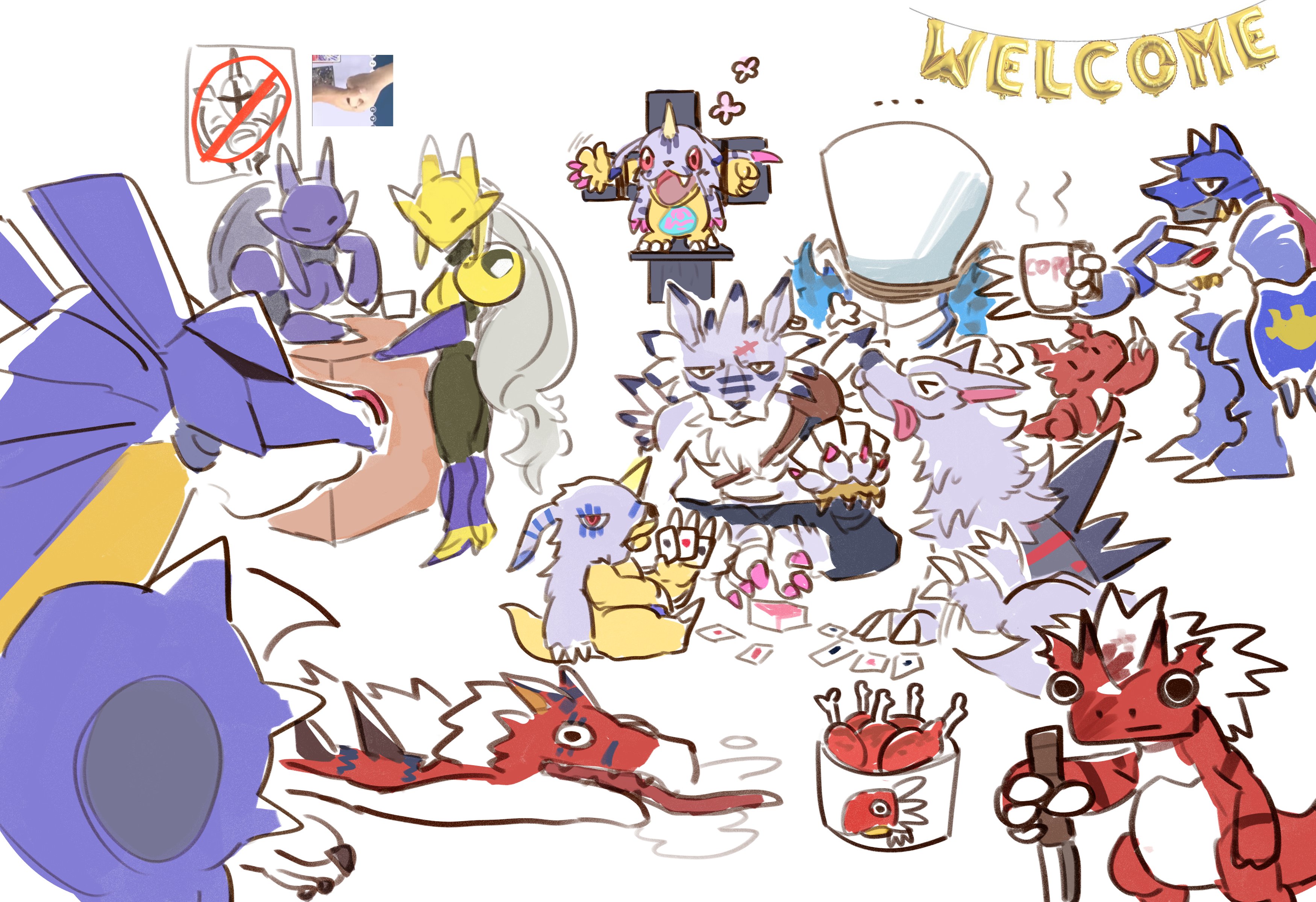 765 nanami, chaosmon valdur arm, doruguremon, fenriloogamon, gabumon x-antibody, garudamon, garurumon, garurumon x-antibody, growmon, kuzuhamon, metalgarurumon, miragegaogamon, sakuyamon, weregarurumon, digimon, digimon adventure: (2020), digimon card game, absurdres, highres, > <, armor, blue armor, blue pants, card, chicken wing, crucifixion, digimon (creature), dinosaur, evolutionary line, garudamon x-antibody, holding, holding knife, knife, pants, playing card, red eyes, sitting, wolf