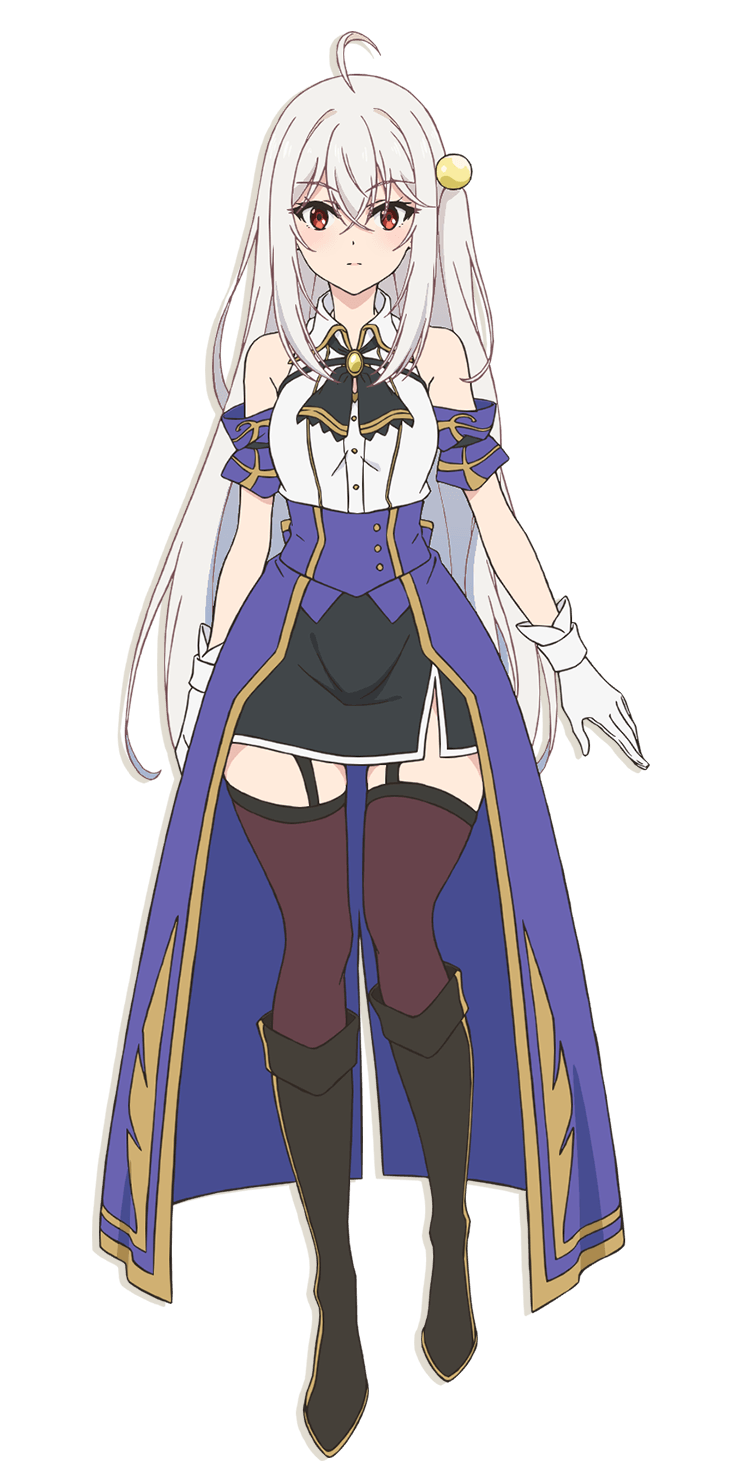 ninym ralei, tensai ouji no akaji kokka saiseijutsu, highres, official art, 1girl, ahoge, anime coloring, ascot, bare shoulders, black ascot, black boots, black skirt, black thighhighs, boots, breasts, closed mouth, collared shirt, crossed bangs, full body, garter straps, gloves, hair between eyes, hair ornament, long hair, looking at viewer, medium breasts, ouchi ryuunosuke, pencil skirt, red eyes, shirt, side slit, simple background, skirt, sleeveless, sleeveless shirt, solo, standing, thighhighs, thighs, transparent background, very long hair, white gloves, white hair, white shirt