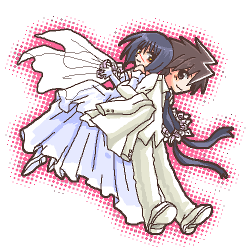mutou kazuki, tsumura tokiko, busou renkin, lowres, 00s, blue hair, brown eyes, brown hair, dress, scar, wedding dress, yellow eyes