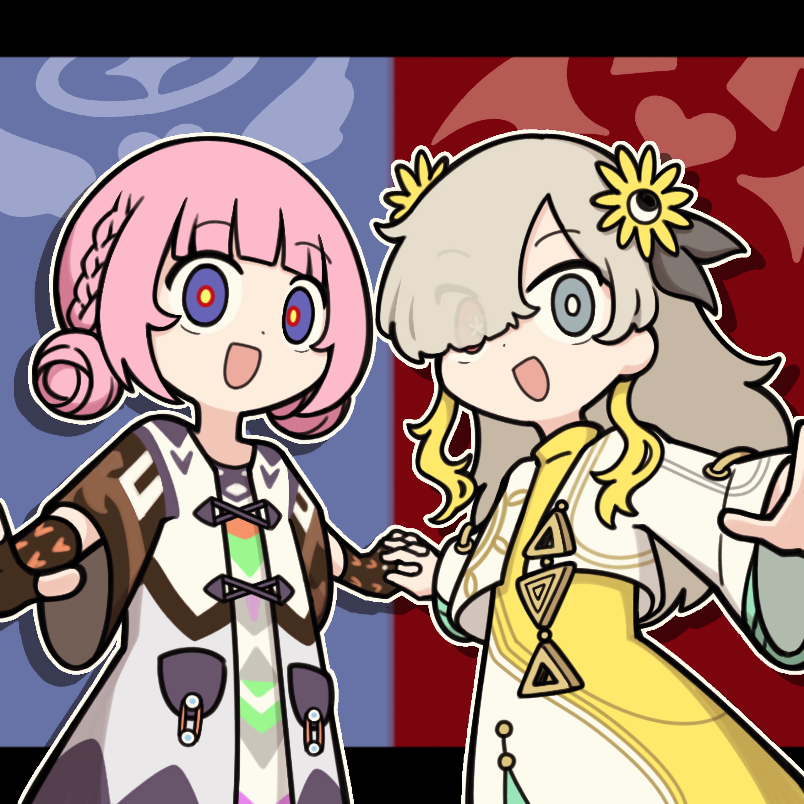 t masoppu, isekaijoucho, kaf (kamitsubaki studio), kamitsubaki studio, tententengokujigokugoku (aiobahn), absurdres, commentary request, highres, 2girls, :d, blue eyes, brown jacket, double bun, dress, eyes visible through hair, flower, grey eyes, grey hair, grey jacket, hair bun, hair flower, hair ornament, hair over one eye, heterochromia, holding hands, jacket, long hair, looking at viewer, multicolored jacket, multiple girls, odayaka (style), open clothes, open jacket, open mouth, parody, pink hair, red eyes, short hair, shrug (clothing), smile, two-tone dress, virtual youtuber, white dress, white jacket, white shrug, wide sleeves, yellow dress, yellow flower, yellow pupils