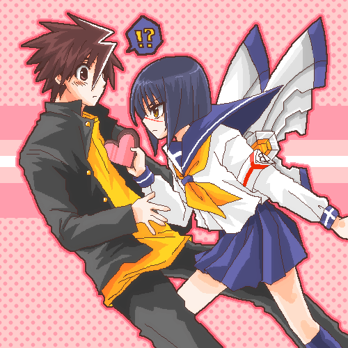 mutou kazuki, tsumura tokiko, busou renkin, lowres, !?, 00s, blue hair, brown eyes, brown hair, scar, school uniform, serafuku, valentine, yellow eyes