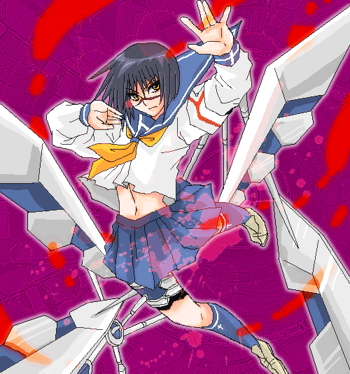 tsumura tokiko, busou renkin, 00s, blue hair, scar, school uniform, serafuku, valkyrie skirt, yellow eyes