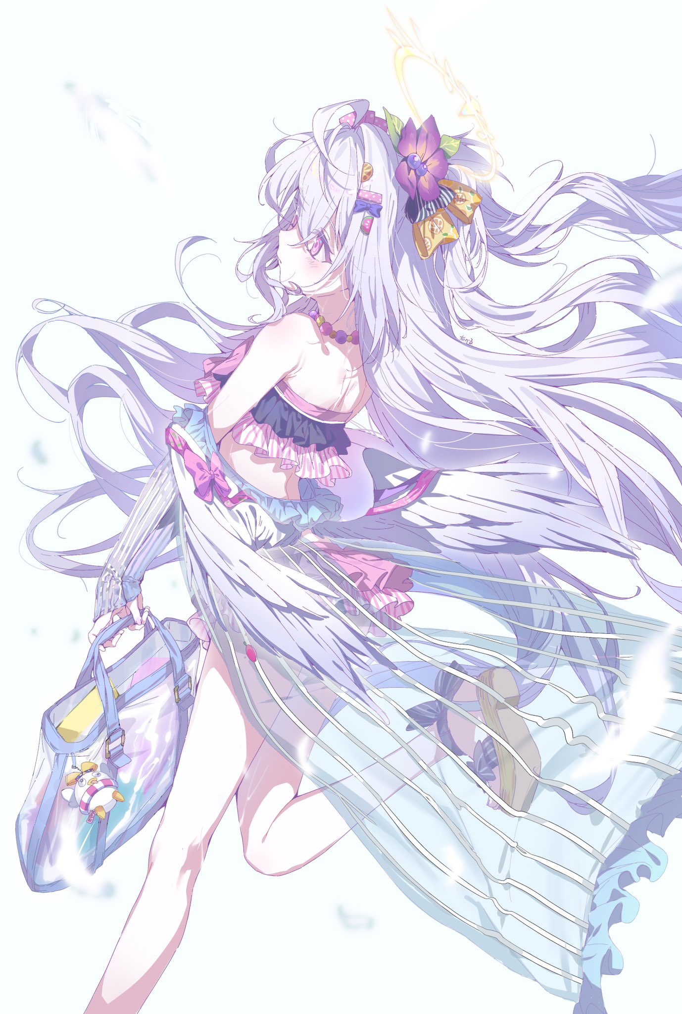 youguo naberu, azusa (blue archive), azusa (swimsuit) (blue archive), blue archive, highres, 1girl, bag, bare shoulders, bead necklace, beads, bikini, bow on wing, feathered wings, floating hair, flower, frilled bikini, frills, hair flower, hair ornament, halo, holding, holding bag, jewelry, long hair, necklace, purple eyes, ribbon-trimmed swimsuit, ribbon trim, sandals, solo, standing, standing on one leg, strapless, strapless bikini, swimsuit, white hair, white wings, wings, yellow halo