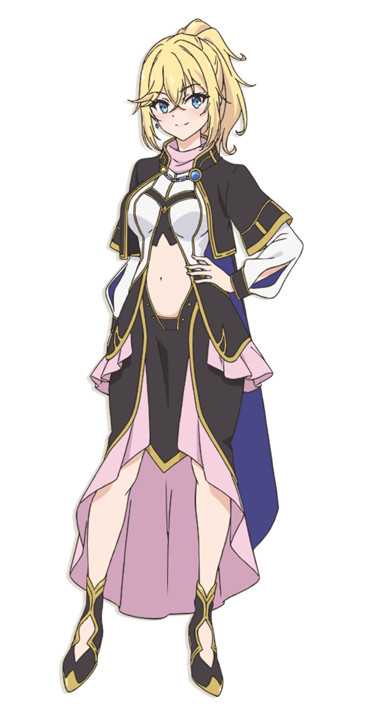 tensai ouji no akaji kokka saiseijutsu, highres, official art, 1girl, anime coloring, blonde hair, blue eyes, breasts, brown capelet, brown dress, brown shoes, capelet, closed mouth, clothing cutout, crossed bangs, dress, full body, hair between eyes, hand on own hip, large breasts, long sleeves, looking at viewer, lowellmina earthwold, medium hair, navel cutout, ouchi ryuunosuke, pink scarf, ponytail, scarf, shoes, simple background, smile, solo, standing, transparent background, two-tone dress, white dress