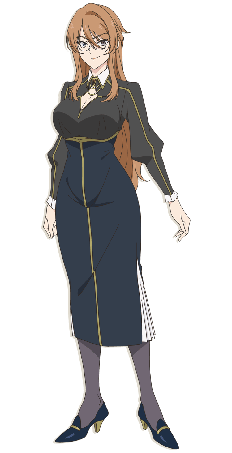 fisch brandel, tensai ouji no akaji kokka saiseijutsu, highres, official art, 1girl, anime coloring, black pantyhose, blue shorts, blue skirt, breasts, brown hair, brown shirt, cleavage cutout, closed mouth, clothing cutout, collared shirt, full body, glasses, hair between eyes, high heels, large breasts, long hair, long skirt, long sleeves, looking at viewer, ouchi ryuunosuke, pantyhose, pencil skirt, shirt, shorts, sidelocks, simple background, skirt, smile, solo, standing, transparent background, tsurime, very long hair