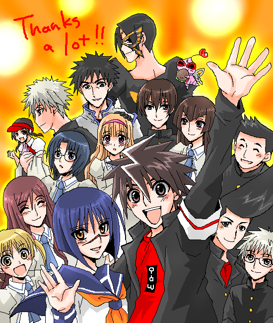 angel gozen (character), captain bravo, hayasaka ouka, hayasaka shusui, mutou kazuki, mutou mahiro, papillon, tsumura tokiko, busou renkin, blue neckwear, red headwear, aliasing, tagme, 00s, 1other, :3, ^ ^, armband, black hair, blonde hair, blue hair, braid, brown eyes, brown hair, chono koshaku, closed eyes, creature, employee uniform, floating, gakuran, glasses, hairband, juliet sleeves, long sleeves, outline, puffy sleeves, red shirt, scar, scar on face, scar on nose, school uniform, serafuku, shirt, siblings, spiked hair, thank you, twin braids, twins, twintails, visor cap, waitress, waving, wing collar, yellow eyes, yellow outline