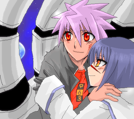 mutou kazuki, tsumura tokiko, busou renkin, lowres, 00s, blue hair, purple hair, red eyes, scar, yellow eyes