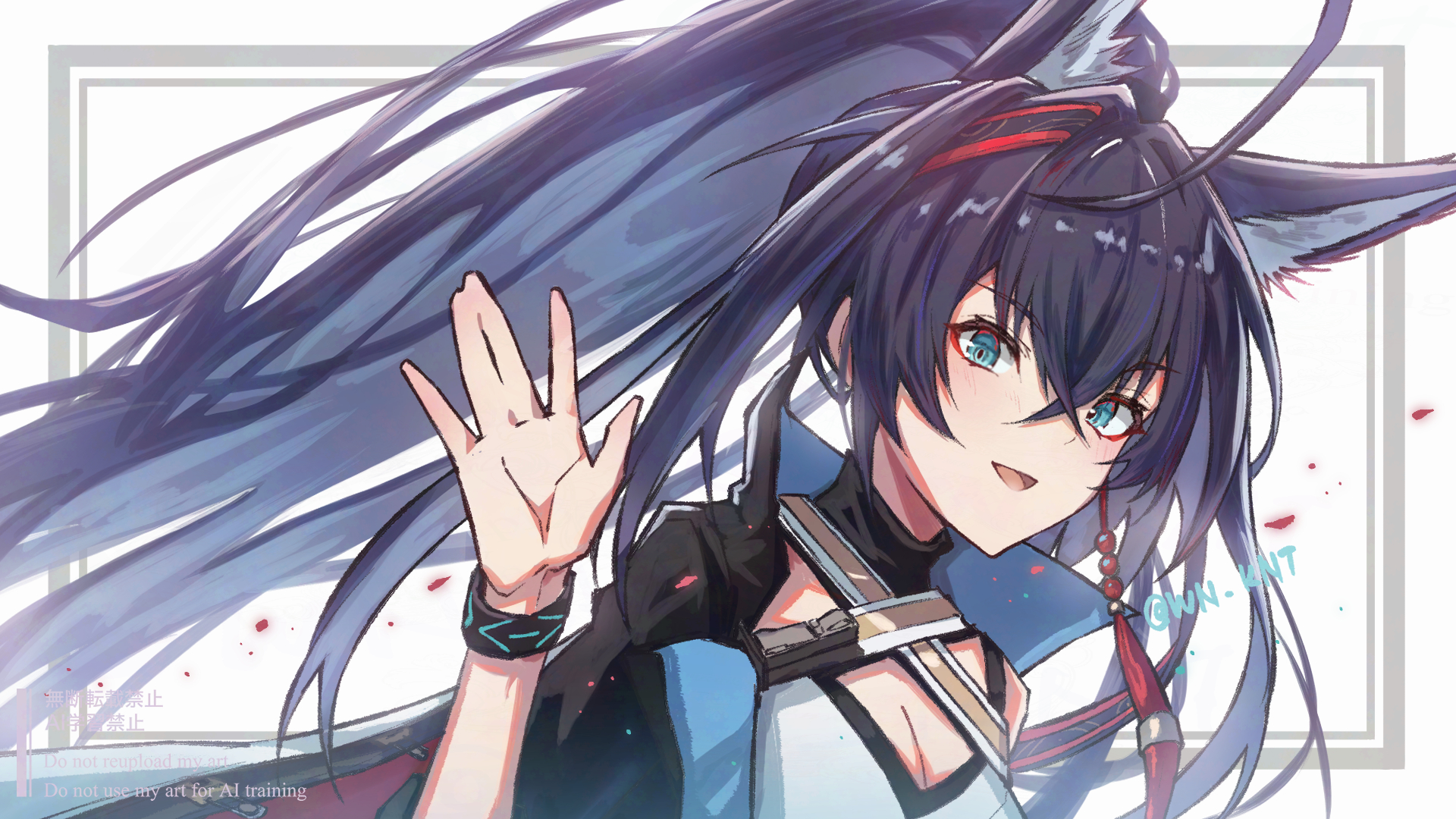wn (wani-noko), blaze (arknights), blaze the igniting spark (arknights), infection monitor (arknights), arknights, commentary, commentary request, english commentary, highres, mixed-language commentary, 1girl, :d, animal ear fluff, animal ears, black hair, blue eyes, breasts, cleavage, crossed bangs, falling petals, hair between eyes, light blush, long hair, looking at viewer, medium breasts, open mouth, petals, smile, solo, twitter username, upper body, watermark, waving, white background