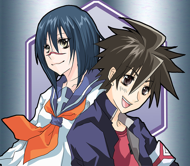 mutou kazuki, tsumura tokiko, busou renkin, 00s, blue hair, brown eyes, brown hair, scar, school uniform, serafuku, yellow eyes