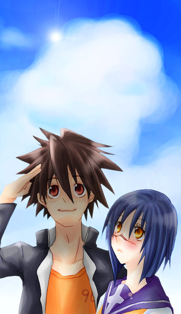 mutou kazuki, tsumura tokiko, busou renkin, 00s, blue hair, brown hair, red eyes, scar, school uniform, serafuku, yellow eyes