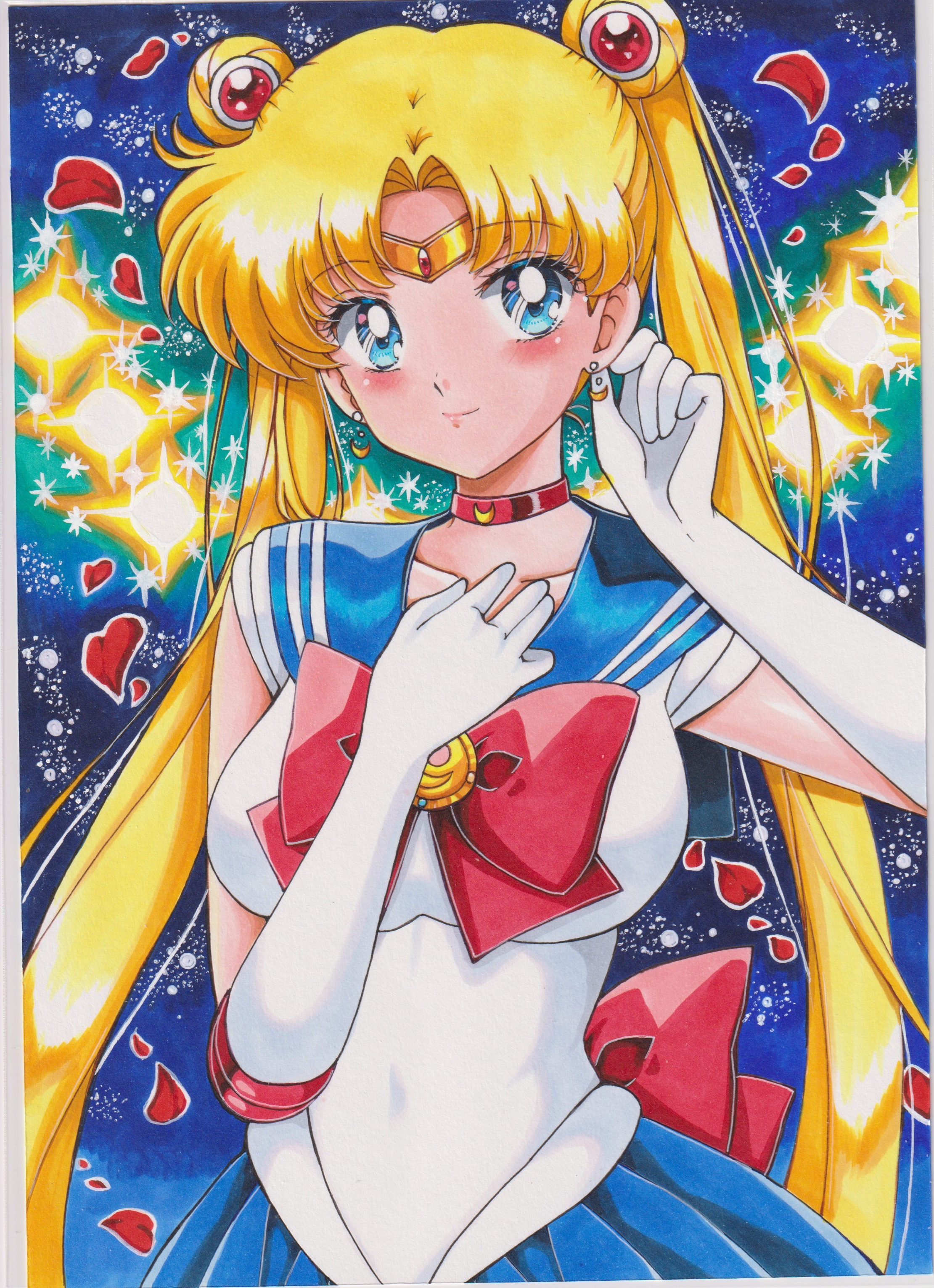 chikoto (kztc4472), sailor moon, tsukino usagi, bishoujo senshi sailor moon, absurdres, commentary, highres, traditional media, 1girl, back bow, blonde hair, blue eyes, blue sailor collar, blue skirt, blush, bow, bowtie, breasts, choker, closed mouth, collarbone, crescent, crescent earrings, earrings, elbow gloves, gloves, hands up, jewelry, large breasts, long hair, looking at viewer, magical girl, parted bangs, pleated skirt, red bow, red bowtie, red choker, sailor collar, sailor senshi uniform, shirt, short sleeves, skirt, smile, solo, twintails, upper body, white gloves, white shirt