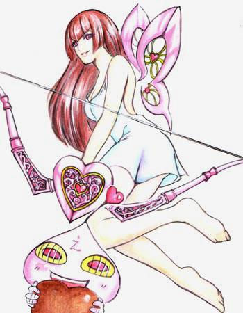 angel gozen (character), hayasaka ouka, busou renkin, character request, lowres, tagme, 00s, 1girl, 1other, angel gozen (weapon), bare shoulders, barefoot, bow (weapon), breasts, brown hair, creature, dress, full body, long hair, looking at viewer, medium breasts, short dress, simple background, sleeveless, sleeveless dress, smile, weapon, white background, white dress, wings