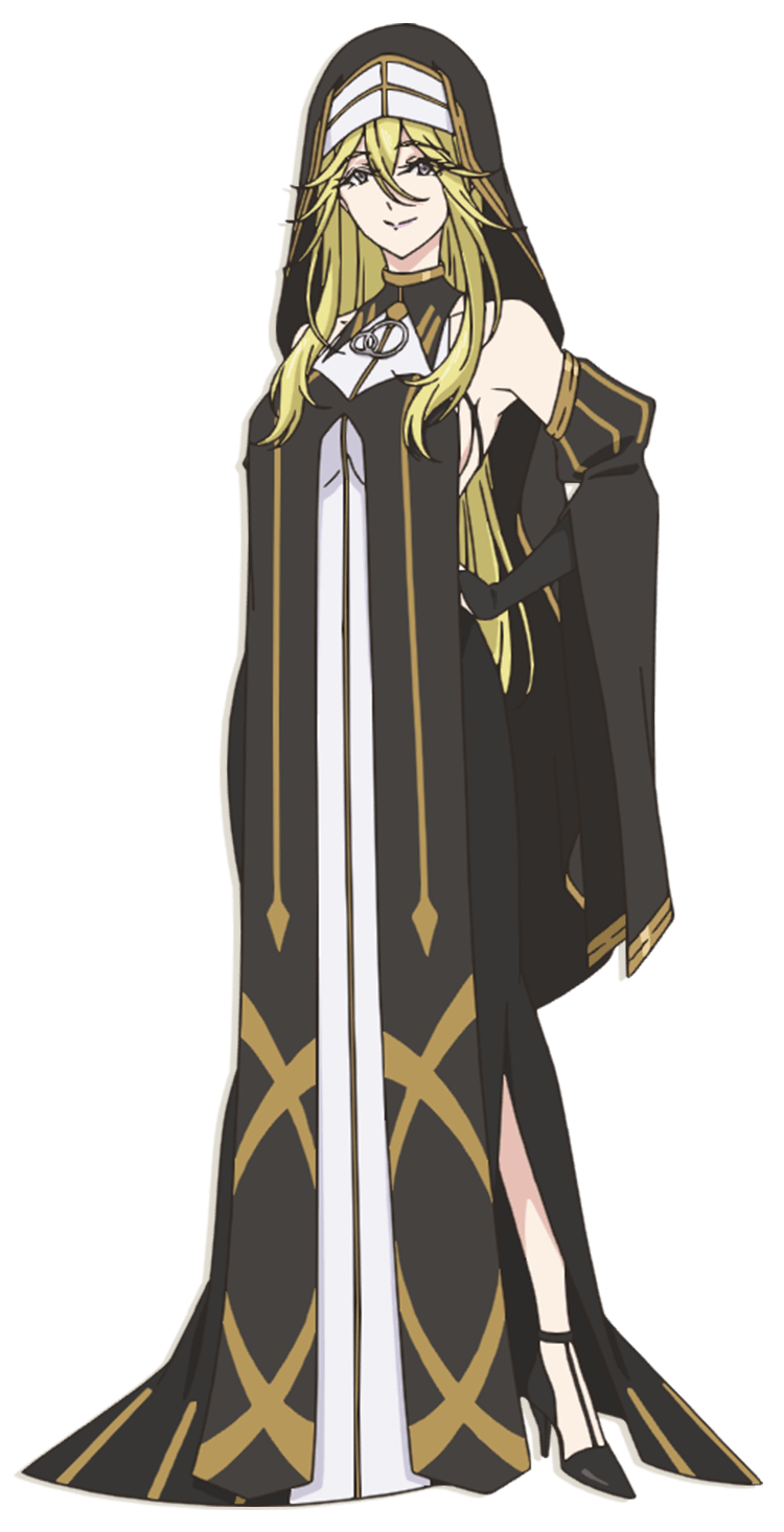 tensai ouji no akaji kokka saiseijutsu, highres, official art, 1girl, anime coloring, armpits, bare shoulders, black gloves, blonde hair, breasts, brown dress, caldmellia, closed mouth, coif, dress, elbow gloves, full body, gloves, hair between eyes, hand on own hip, high heels, large breasts, lips, long dress, long hair, long sidelocks, looking at viewer, nun, ouchi ryuunosuke, side slit, sideboob, sidelocks, simple background, sleeveless, sleeveless dress, smile, solo, standing, transparent background, veil, very long hair, yellow eyes