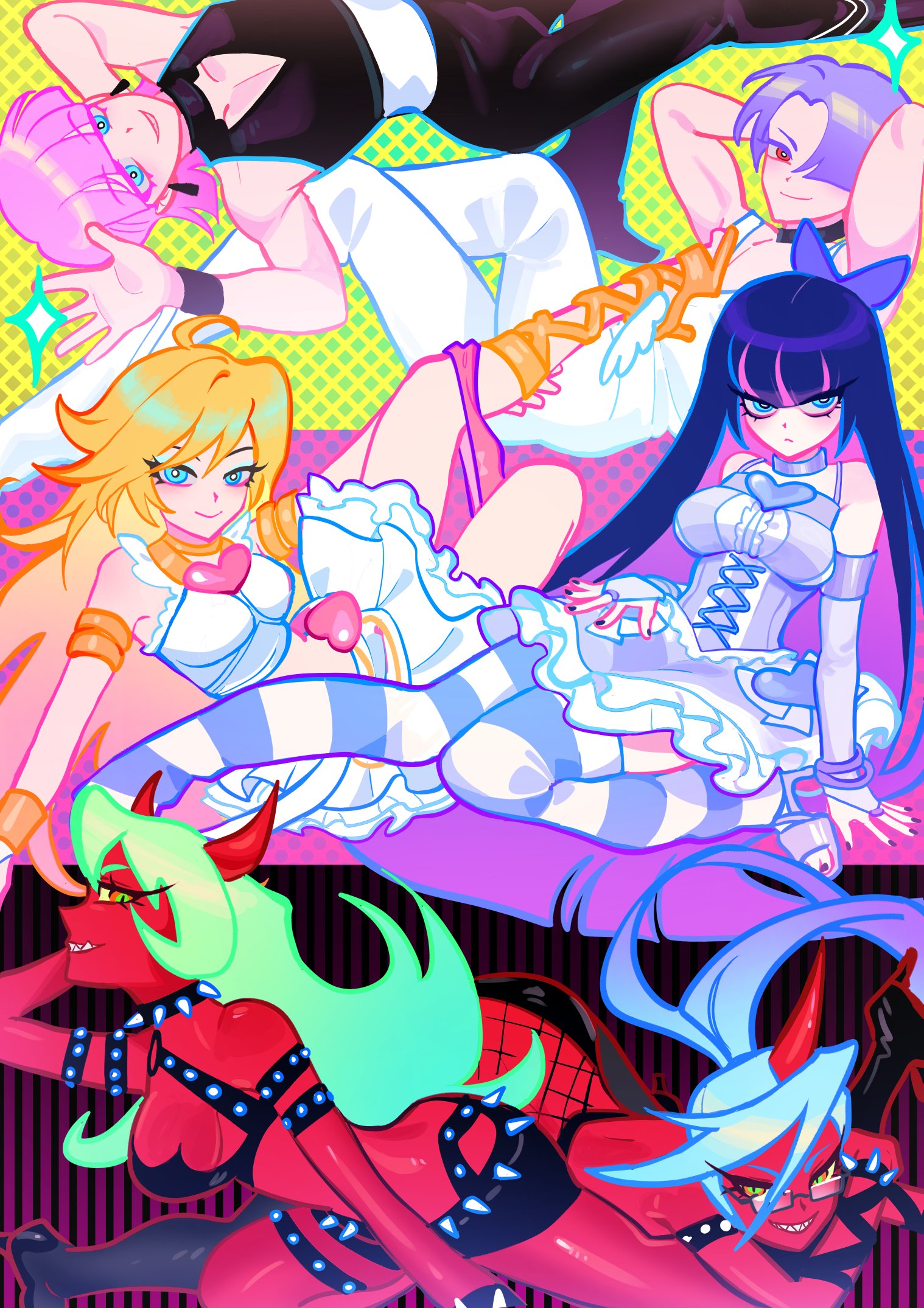 leummeul05, kneesocks (psg), panty (psg), polyester (psg), polyurethane (psg), scanty (psg), stocking (psg), panty & stocking with garterbelt, highres, 2boys, 4girls, blonde hair, blue hair, dress, green hair, lying, multicolored hair, multiple boys, multiple girls, pants, pink hair, purple hair, sitting, striped clothes, striped thighhighs, thighhighs, two-tone hair