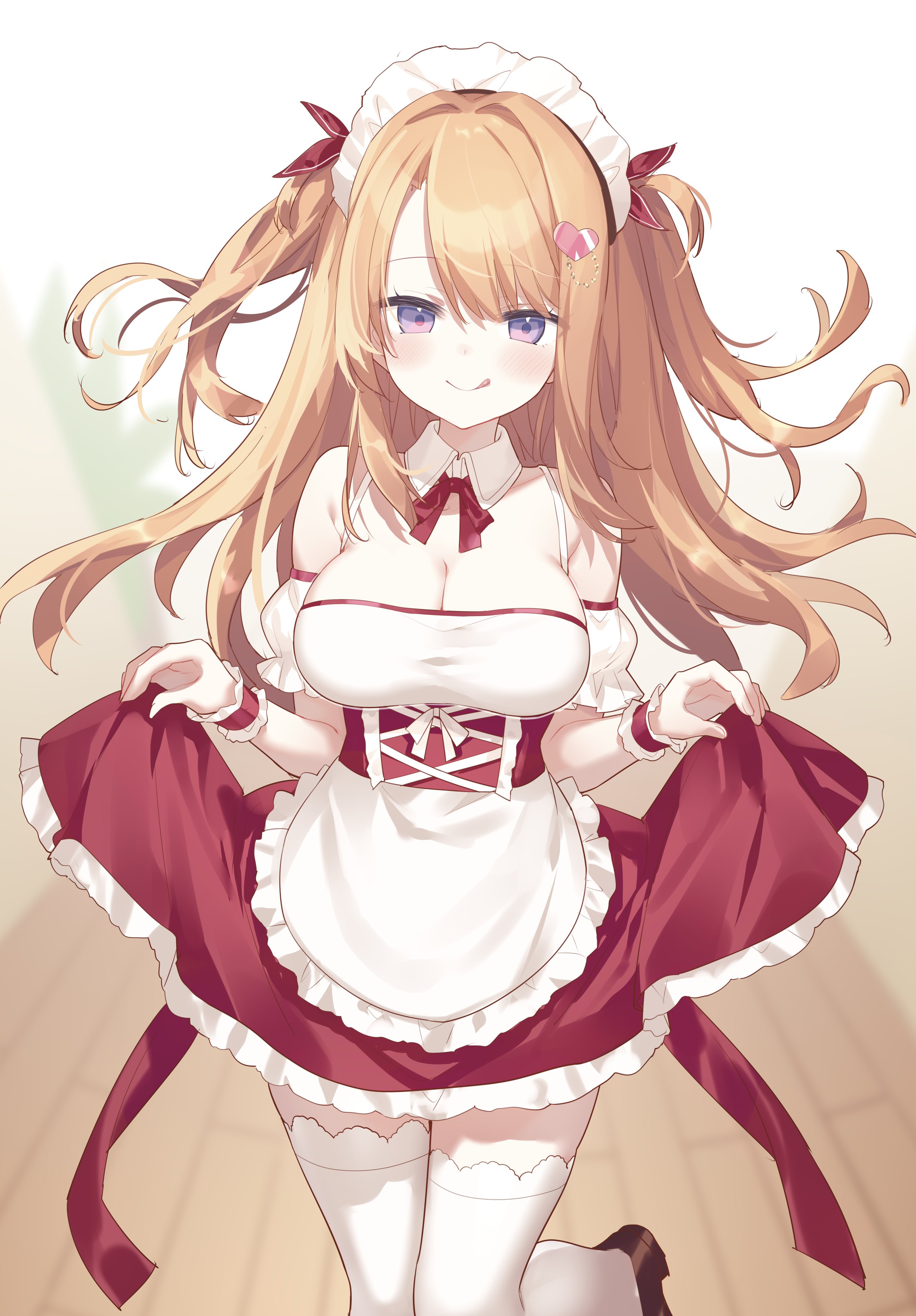 hiraga matsuri, mihato kano, floral flowlove, absurdres, commentary, commission, highres, skeb commission, 1girl, :q, apron, bare shoulders, blush, breasts, brown shoes, cleavage, closed mouth, cowboy shot, detached sleeves, dress, frilled apron, frilled dress, frills, hair ribbon, large breasts, long hair, looking at viewer, maid headdress, neck ribbon, orange hair, parted bangs, purple eyes, red dress, red ribbon, ribbon, shoes, skirt hold, sleeveless, sleeveless dress, smile, solo, thighhighs, tongue, tongue out, two side up, waist apron, white apron, white sleeves, white thighhighs, wrist cuffs, zettai ryouiki