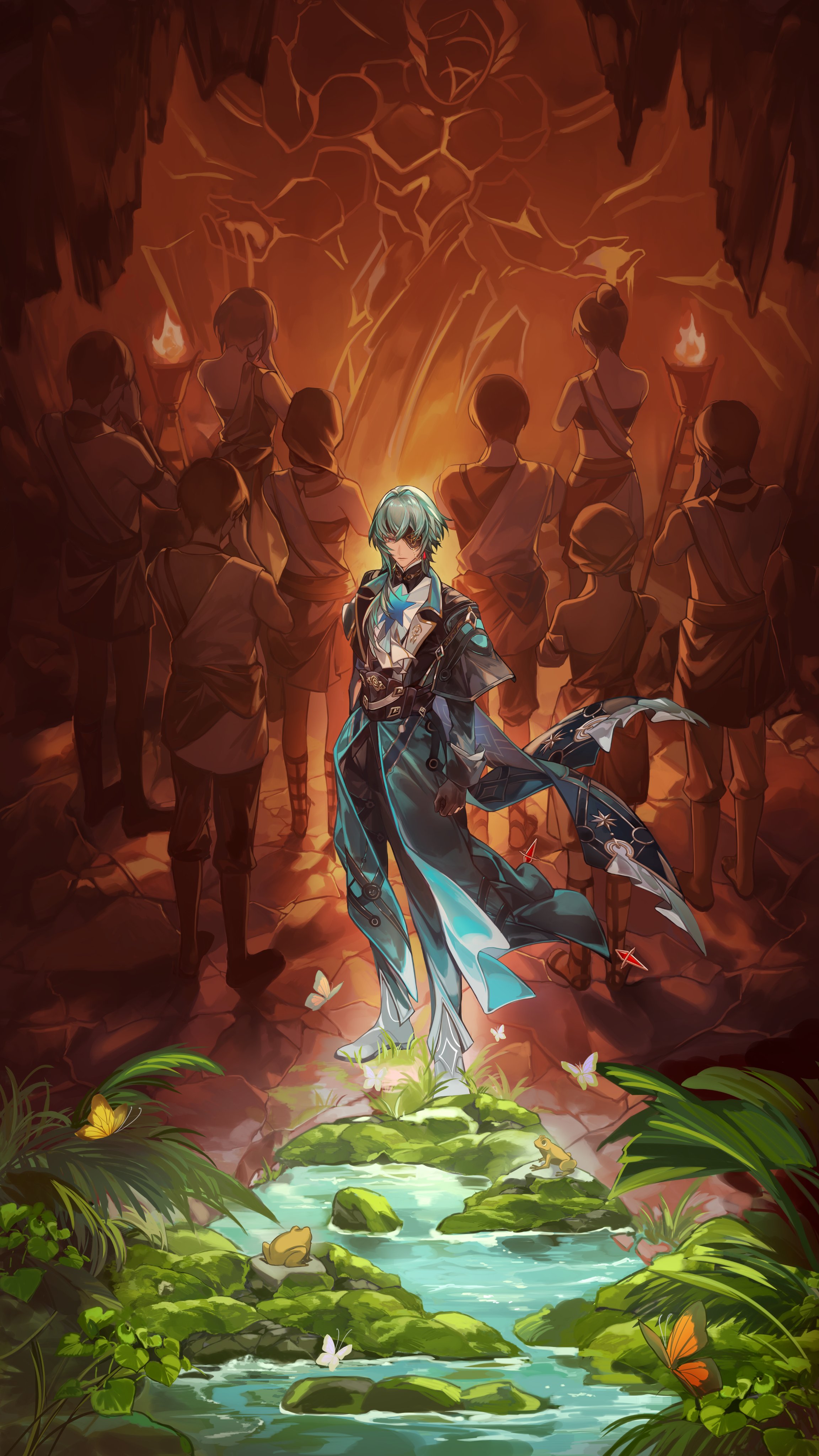 to e, anaxa (honkai: star rail), honkai: star rail, honkai (series), absurdres, commentary, english commentary, highres, 1boy, aqua coat, aqua eyes, arms at sides, black boots, black capelet, black corset, black gloves, black pants, boots, bug, butterfly, capelet, clenched hand, closed mouth, coat, coattails, corset, earrings, eyepatch, facing viewer, fire, frog, gloves, green hair, hair between eyes, hair intakes, insect, jewelry, leaf, long hair, looking down, male focus, orange butterfly, pants, partially fingerless gloves, people, plant, shirt, solo focus, standing, torch, water, white shirt, yellow butterfly
