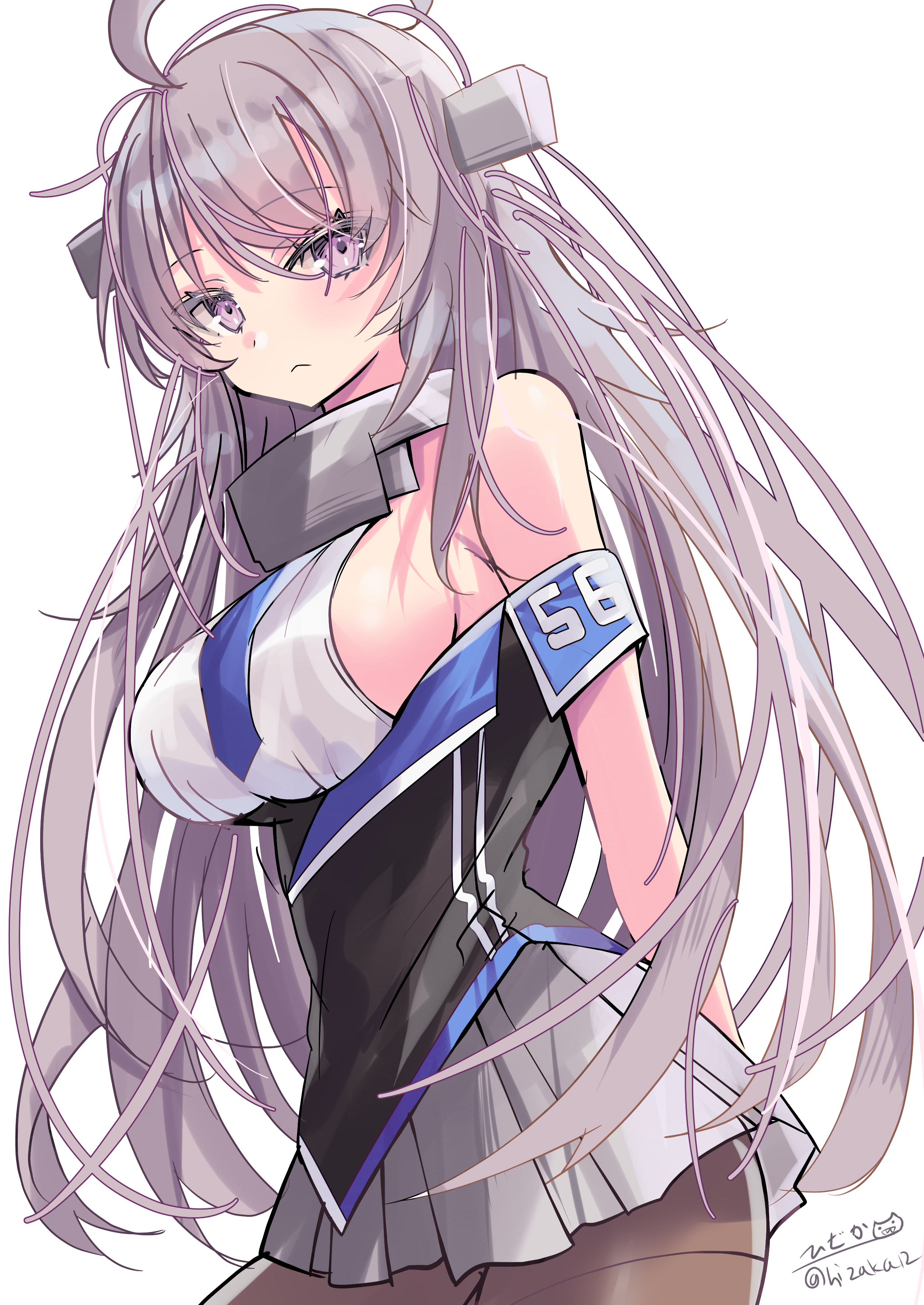 hizaka, washington (kancolle), kantai collection, absurdres, highres, 1girl, ahoge, blue necktie, blush, breasts, grey eyes, grey hair, headgear, large breasts, long hair, looking at viewer, necktie, pantyhose, shirt, sideboob, simple background, skirt, sleeveless, sleeveless shirt, solo, white shirt
