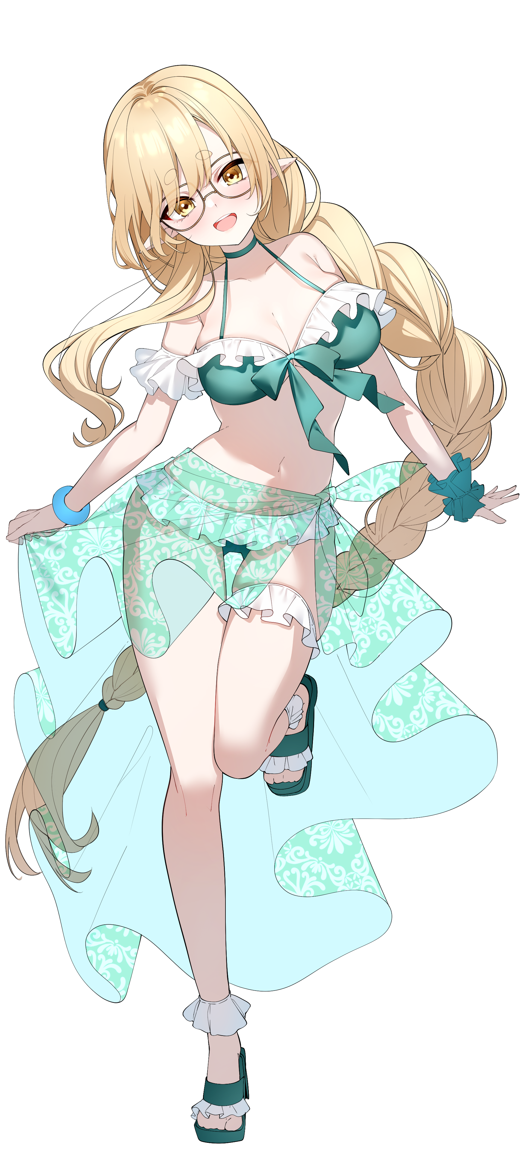 darjeeling (reley), kanna yanagi, absurdres, highres, second-party source, 1girl, bikini, blonde hair, breasts, cleavage, collarbone, frilled bikini, frills, glasses, glitch stars, green bikini, green sarong, green shoes, long braid, long hair, navel, open mouth, pointy ears, sarong, shoes, short eyebrows, smile, solo, stomach, swimsuit, teeth, upper teeth only, virtual youtuber, white background, yellow eyes