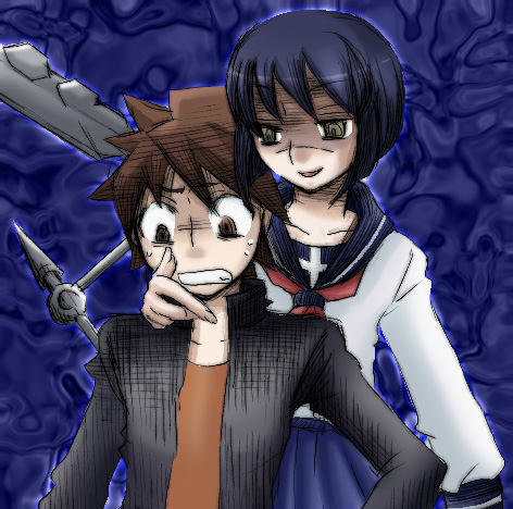 mutou kazuki, tsumura tokiko, busou renkin, lowres, 00s, blue hair, brown eyes, brown hair, scar, school uniform, serafuku, valkyrie skirt, yellow eyes