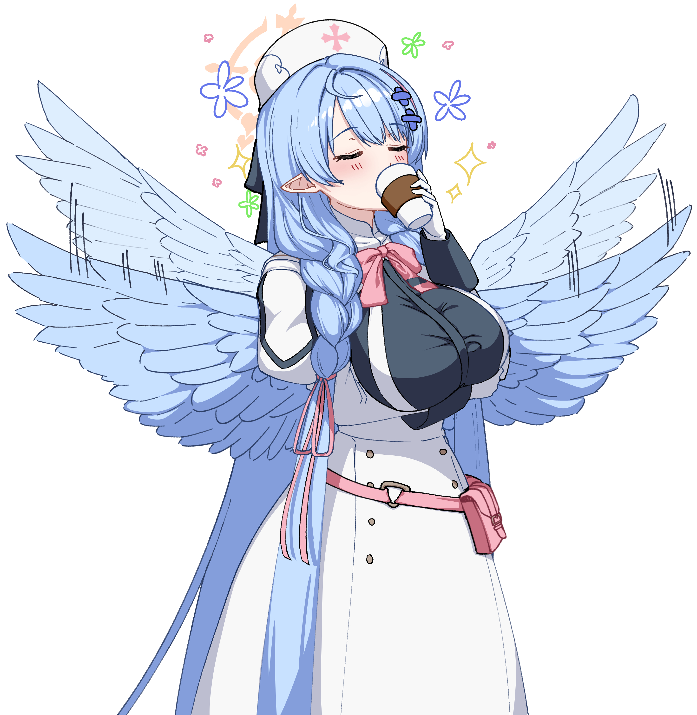 seele0907, mine (blue archive), blue archive, absurdres, highres, 1girl, afterimage, angel wings, arm behind back, blue hair, blue wings, blush, bow, bowtie, braid, breasts, closed eyes, cup, disposable coffee cup, disposable cup, dress, drinking, feathered wings, flapping, flower symbol, gloves, hair ornament, hair ribbon, halo, hand up, hat, large breasts, long hair, motion lines, nurse cap, orange halo, pink bow, pink bowtie, pink ribbon, pointy ears, ribbon, side braids, simple background, solo, sparkle, twin braids, white background, white dress, white gloves, wings