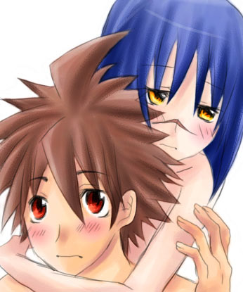 mutou kazuki, tsumura tokiko, busou renkin, lowres, 00s, blue hair, brown hair, red eyes, scar, yellow eyes