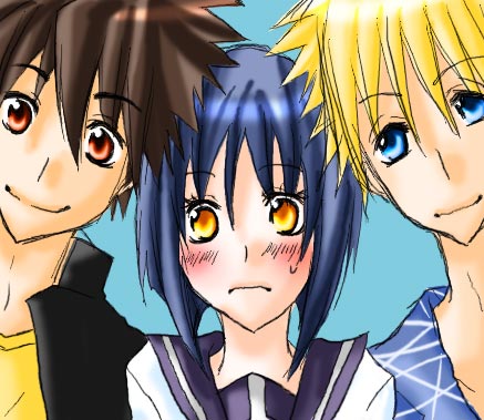 mutou kazuki, nakamura gouta, tsumura tokiko, busou renkin, lowres, 00s, blonde hair, blue eyes, blue hair, brown hair, red eyes, scar, school uniform, serafuku, yellow eyes