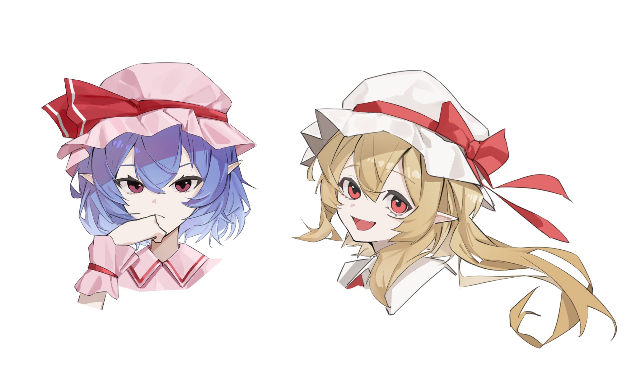 devid (devis515333), flandre scarlet, remilia scarlet, touhou, highres, 2girls, blonde hair, blue hair, bow, hat, hat bow, hat ribbon, long hair, looking at viewer, medium hair, mob cap, multiple girls, one side up, open mouth, pink eyes, pink hat, pink shirt, pointy ears, red bow, red eyes, red ribbon, red vest, ribbon, shirt, siblings, simple background, sisters, vest, white background, white hat, white shirt, wrist cuffs