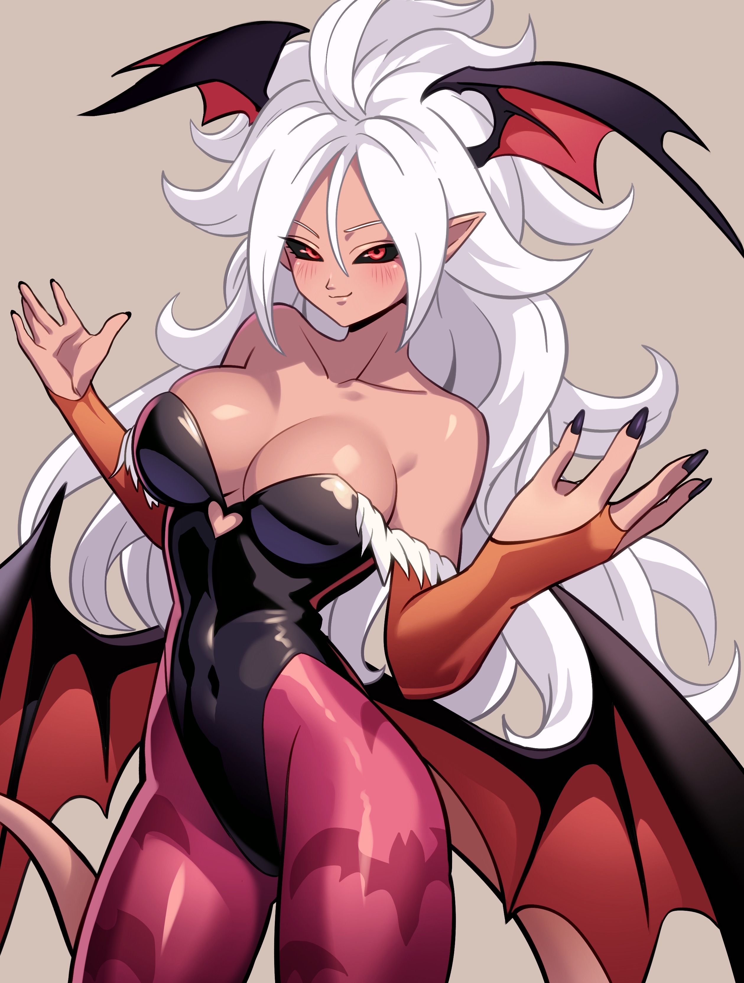 pea-bean, android 21, majin android 21, morrigan aensland, darkstalkers, dragon ball, dragon ball fighterz, absurdres, commentary, english commentary, highres, 1girl, animal print, bare shoulders, bat print, black leotard, black nails, black sclera, breasts, cleavage, closed mouth, clothing cutout, collarbone, colored sclera, colored skin, cosplay, cowboy shot, cutout above navel, demon girl, demon wings, grey background, head wings, heart cutout, highleg, highleg leotard, large breasts, leotard, low wings, morrigan aensland (cosplay), multiple wings, pantyhose, pink skin, pink tail, pointy ears, print pantyhose, purple pantyhose, red eyes, simple background, smile, solo, tail, white hair, wings
