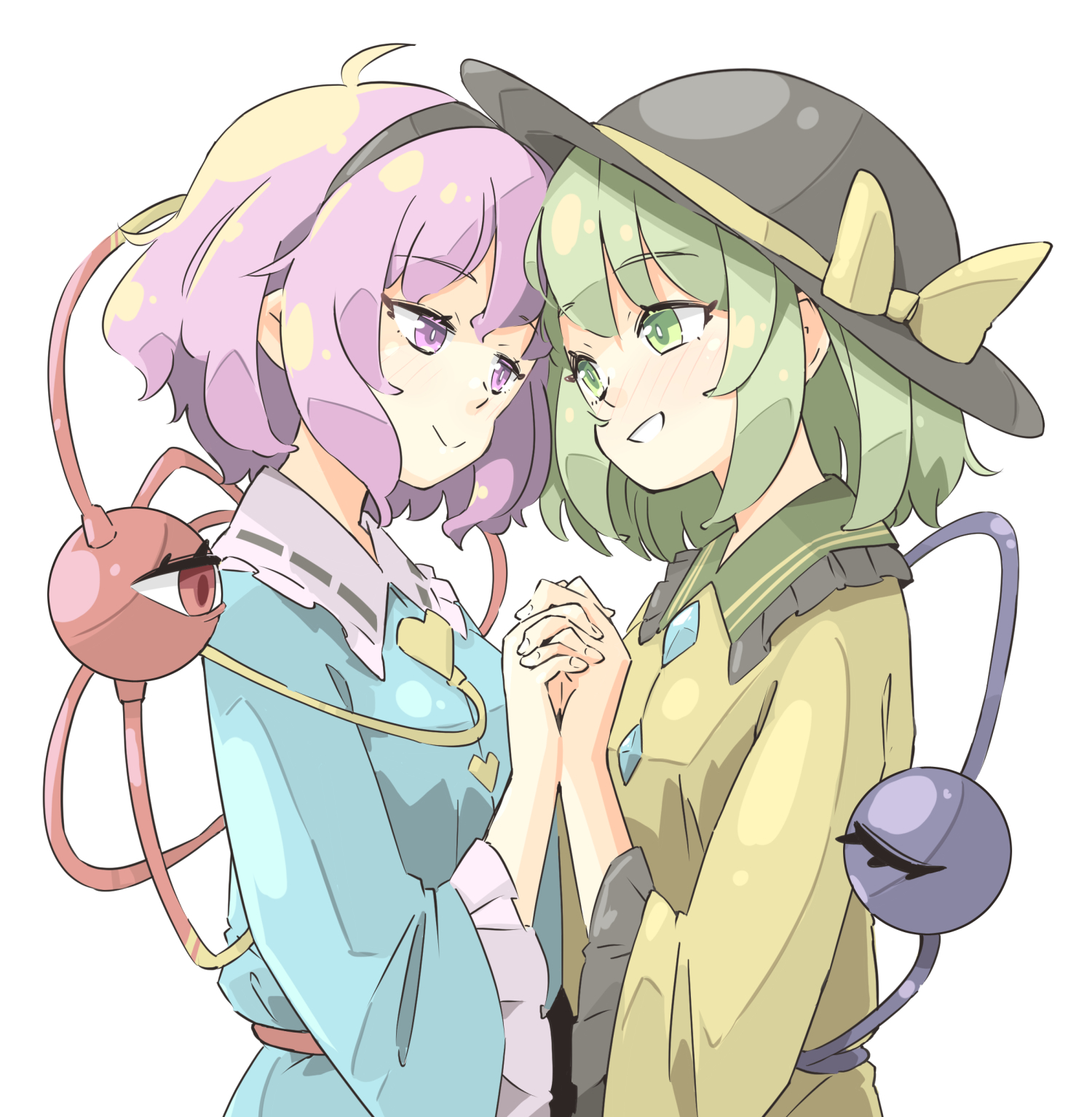 arnest, komeiji koishi, komeiji satori, touhou, hashtag-only commentary, highres, 2girls, black hairband, black hat, black headband, blouse, blue shirt, bow, buttons, diamond button, eyeball, frilled shirt collar, frilled sleeves, frills, green eyes, green hair, green skirt, hairband, hat, hat bow, hat ribbon, headband, heart, heart button, holding hands, interlocked fingers, looking at another, multiple girls, pink eyes, pink hair, ribbon, satokoi day, shirt, short hair, siblings, simple background, sisters, skirt, third eye, upper body, white background, yellow bow, yellow ribbon, yellow shirt